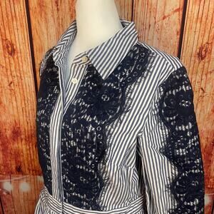 Eliza J Lace Bib Shirt Dress Navy Blue & White Striped Long Sleeve size 14